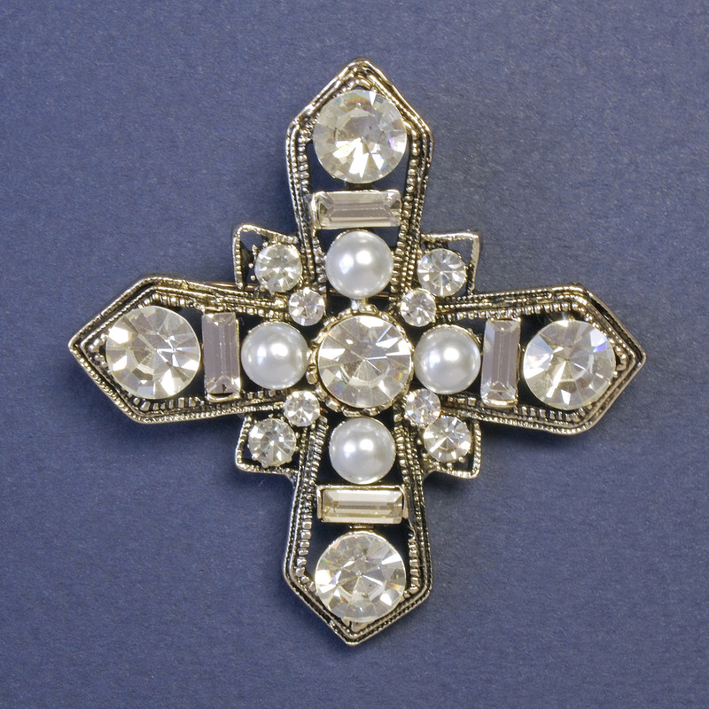 Brooch Maltese Cross encrusted with white pearls and rhinestones 52x52mm± silver metal
