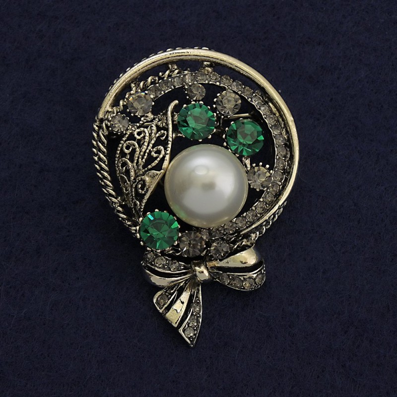 Brooch Boutonnière with White Pearl and Green Rhinestones 50x34mm+- Silver Metal