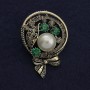 Brooch Boutonnière with White Pearl and Green Rhinestones 50x34mm+- Silver Metal