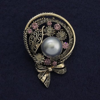 Boutonniere Brooch with Gray Pearl and Pink Rhinestones 50x34mm+- Silver Metal