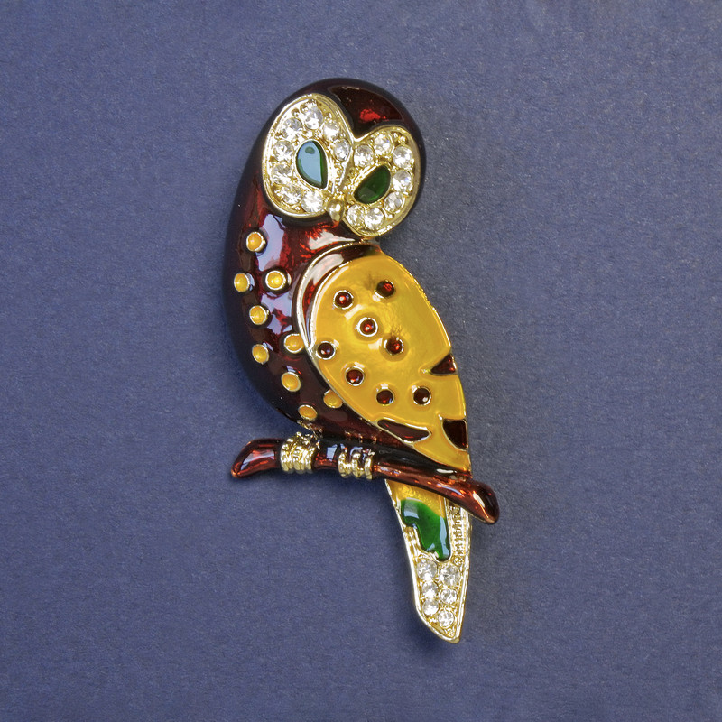 Brooch Owl Brown and Yellow Enamel with Golden Metal 55x28mm+