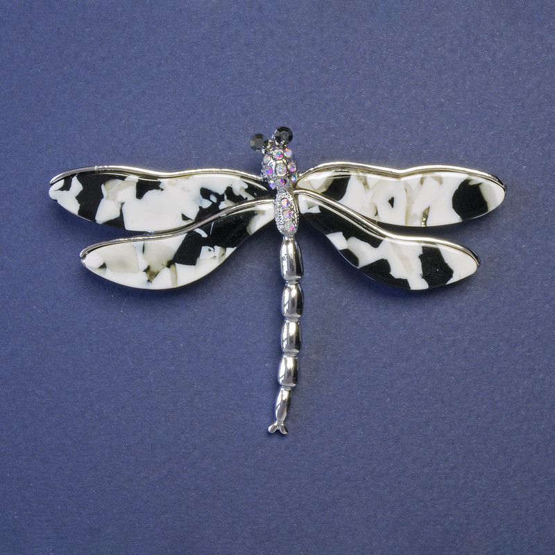 Brooch Butterfly with black and white pearl wings 75x50mm silver metal