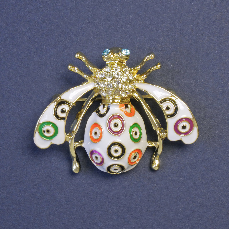 Brooch Insect with White Crystals, White Green Orange Enamel, Gold-tone Metal 39×30mm+