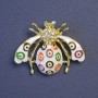 Brooch Insect with White Crystals, White Green Orange Enamel, Gold-tone Metal 39×30mm+