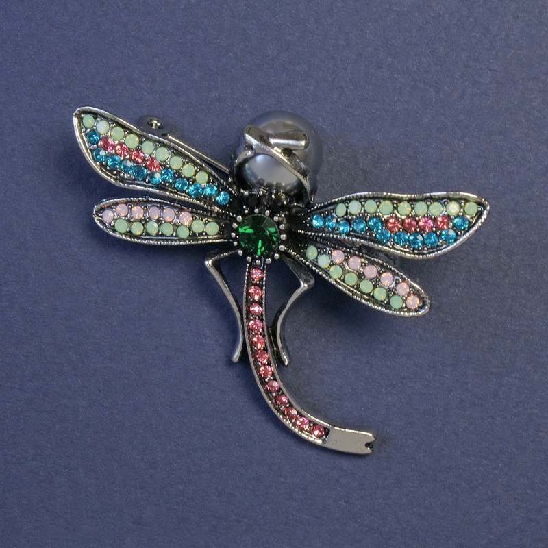 Brooch Butterfly with multicolored rhinestones and gray pearl, gray metal 49x40mm+