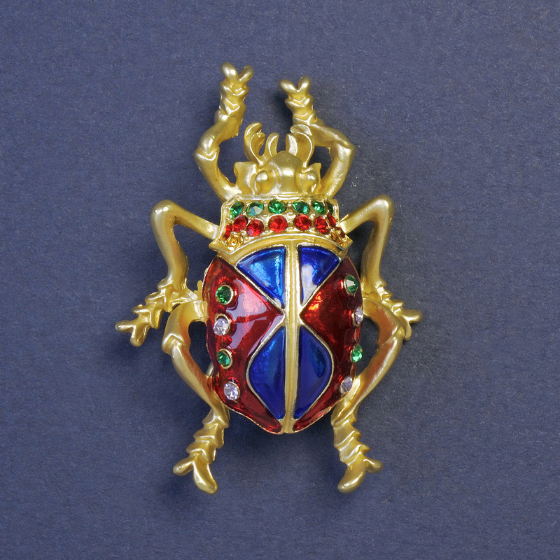 Brooch Beetle Scarab blue enamel and red enamel with crystals golden metal 43x25mm+