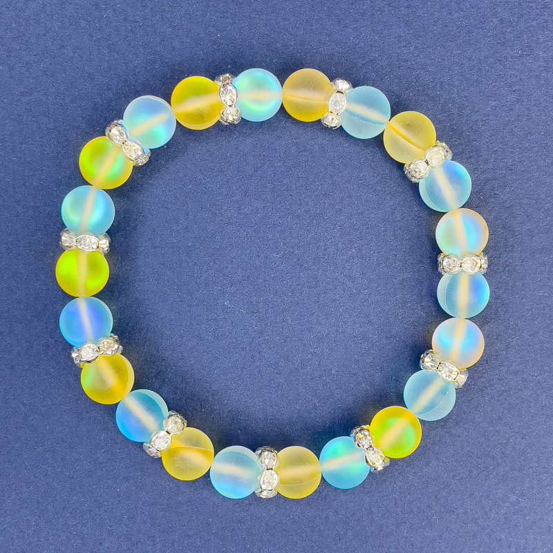 Opal Glass Bracelet Blue and Yellow Smooth Bead, 8mm diameter +-, length 18cm+- stretch