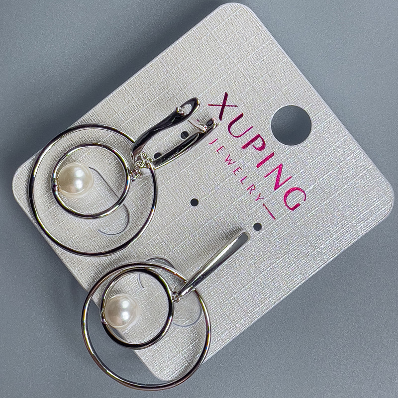 Earrings Rhodium-plated with Mallorca Pearl, diameter 6mm and hoops, hoop diameters 22–14mm, length 35mm +