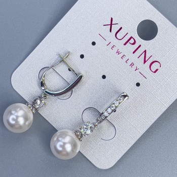 Earrings Xuping Rhodium with Pearl, Ø 10mm and White Crystals, Length 30mm +