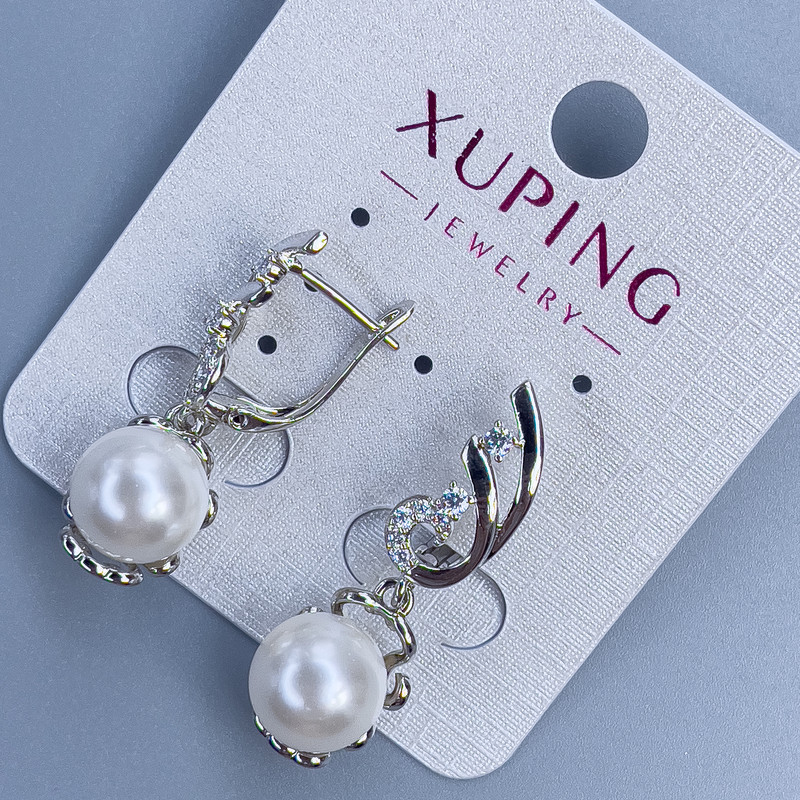 Earrings Xuping Rhodium with Pearl, diameter 10mm and white rhinestones, length 30mm +