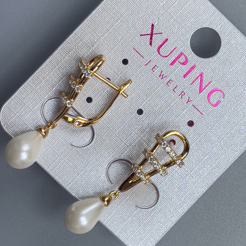 Earrings Xuping 18K Gold Plating with Pearl, Mallorca Pearl 7×9 mm and White Crystals, 32 mm length +