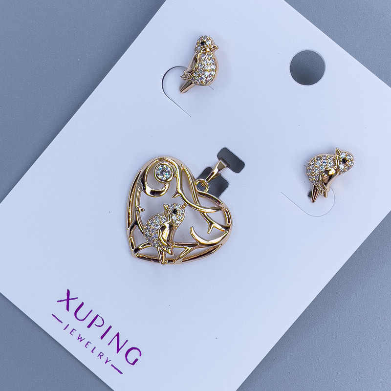 Xuping Set: Stud Earrings "Bird" and Heart Pendant with Bird, 26mm Length + 18K Gold Plating