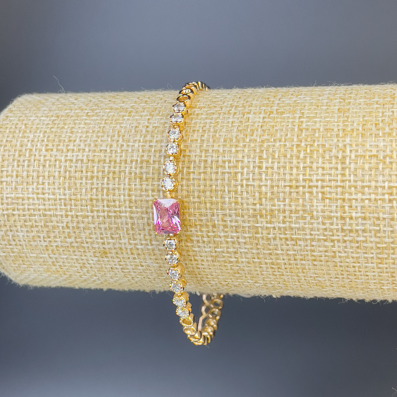 Xuping Bracelet with White Crystals and Pink Stone, 3mm Thick, 19cm± Length, Gold Plated