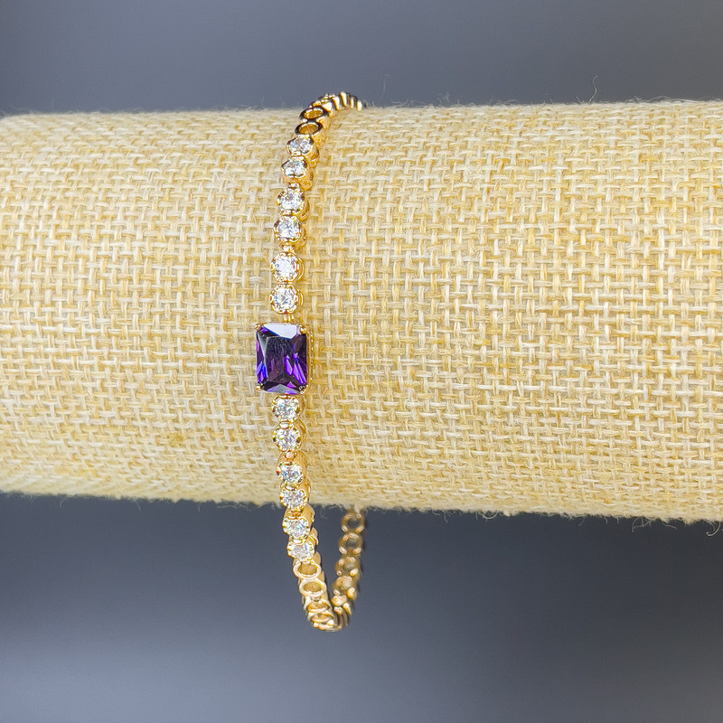 Xuping bracelet with white rhinestones and violet stone, 3mm thickness, 19cm length +/-, gold plated