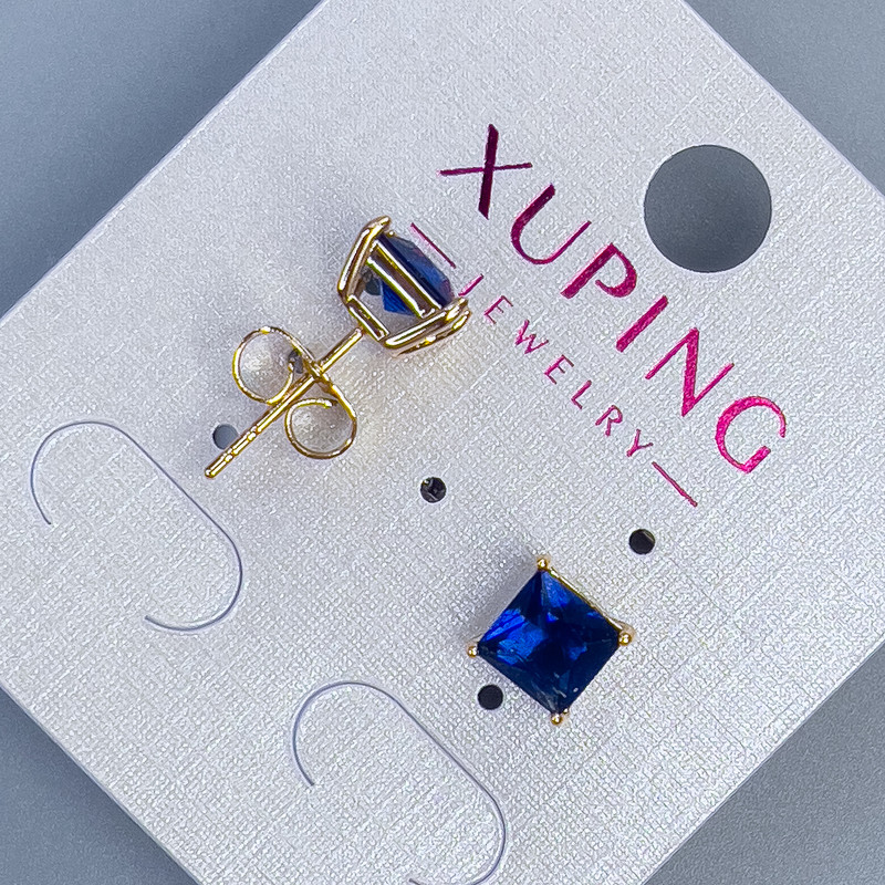 Xuping Stud Earrings with Blue Stone in Quadro Setting, 6mm+, 18K Gold Plated