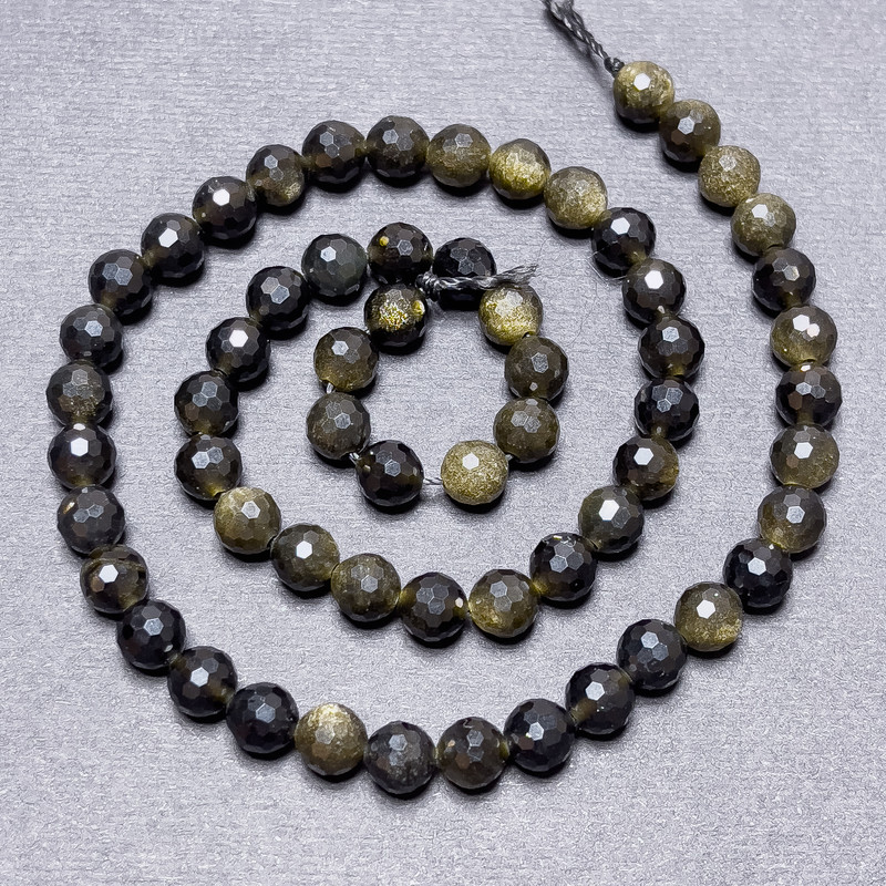 Sunstone Obsidian Beads on Thread - Faceted Round 6mm, 37cm length