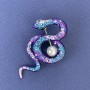 Brooch Snake purple-blue enamel with rainbow rhinestones and pearl, silver-toned metal 46x25mm +