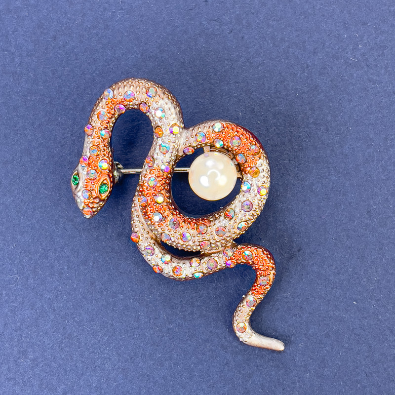 Brooch Snake orange enamel with rainbow rhinestones and pearl, silver-tone metal 46x25mm +