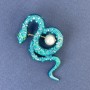 Brooch Snake blue enamel with rainbow rhinestones and pearl, silver metal 46×25mm +