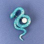 Brooch Snake Blue Enamel with Rainbow Crystals and Pearl, Silver Metal 46x25mm +