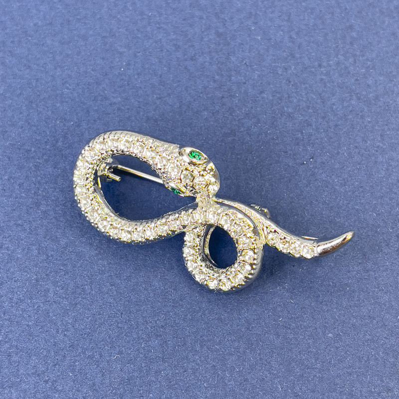 Brooch Pendant Snake color silver with white rhinestones silver metal 44x20mm +
