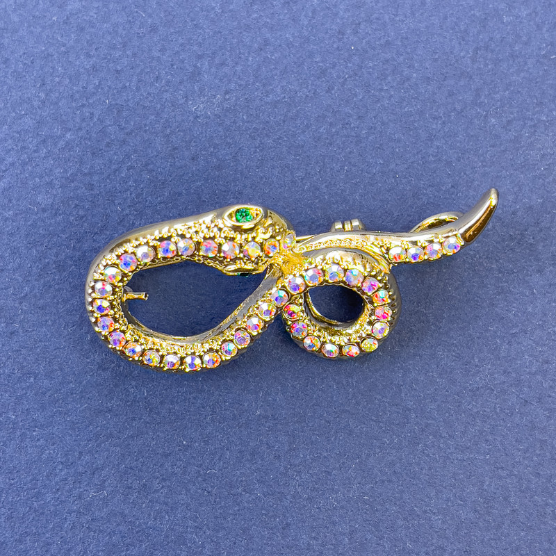 Brooch Pendant Snake Gold Tone with Rainbow Rhinestones, Gold-colored Metal 44x20mm +