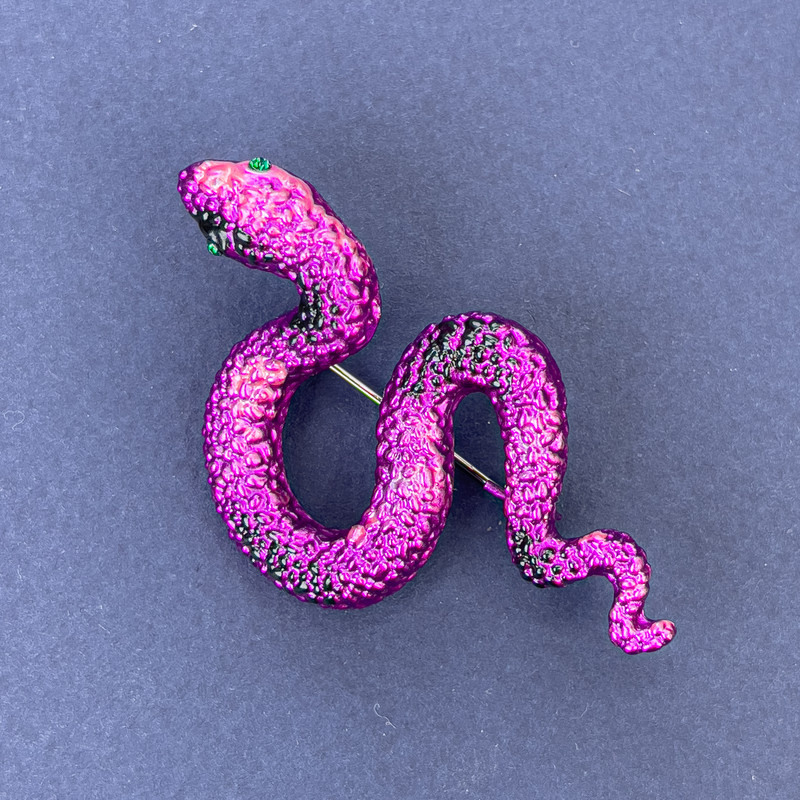 Brooch Pendant Snake Pink Enamel with Green Rhinestones Silver-tone Metal 53x30mm +