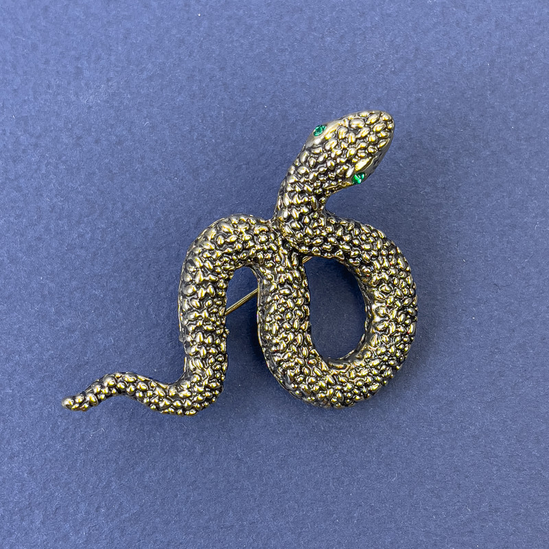 Brooch Pendant Snake with Green Rhinestones Gold-Tone Metal 53x32mm +