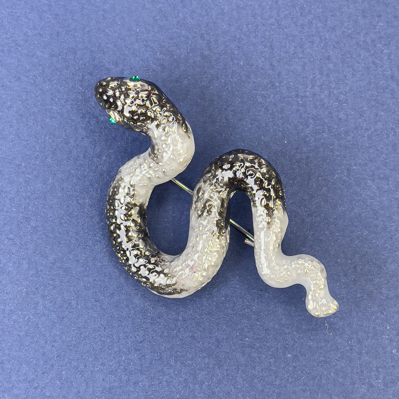 Brooch Pendant Snake Gray Enamel with Blue Rhinestones, Silver Metal 30x55mm +