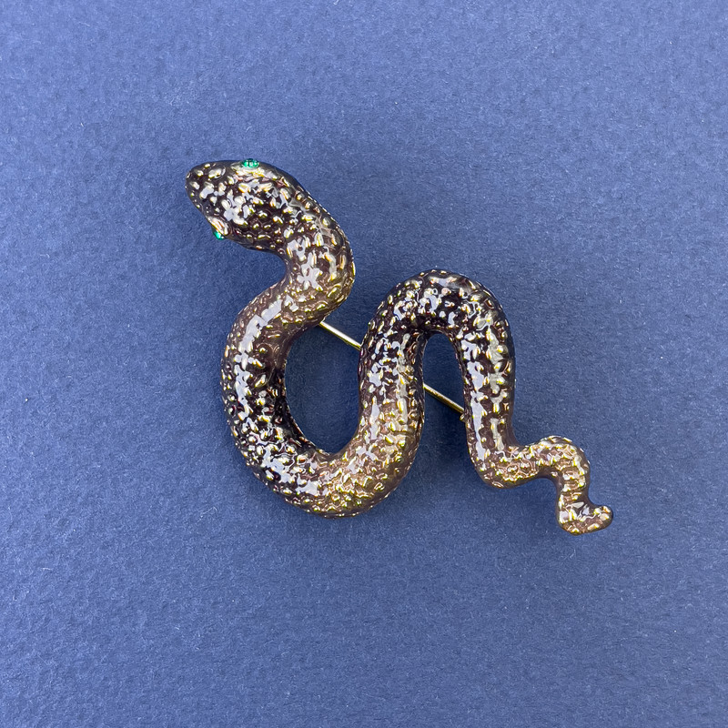 Brooch Pendant Snake Bronze Color with Green Crystals Enamel Gold-Tone Metal 30x55mm +
