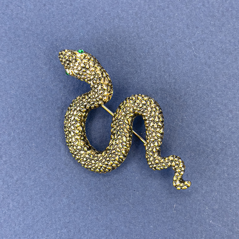 Brooch Pendant Snake Bronze Tone with Green Rhinestones Gold-Tone Metal 30x55mm +