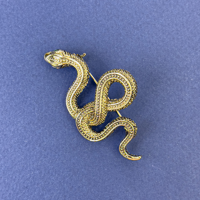 Brooch Pendant Snake Bronze Glossy with Green Rhinestones Gold-tone Metal 30x55mm +