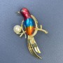 Brooch Bird with Pearl, red blue orange gold metal 40x68mm+