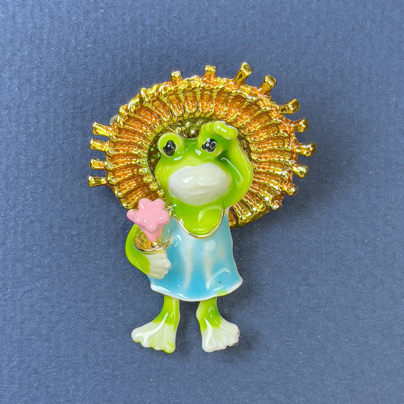 Brooch Frog Yellow, Blue, and Light Green on Golden Metal 32x40mm+