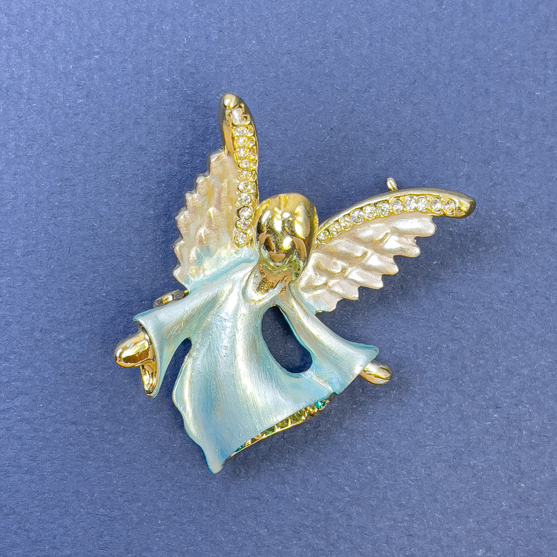 Angel Brooch with White and Light Blue Rhinestones, Blue and White colors on Gold-Tone Metal 31x43mm+