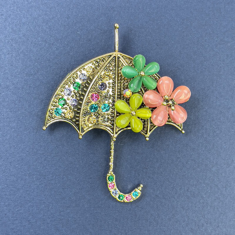 Brooch Pendant Umbrella Multicolor Cat's Eye with Rhinestones Gold-toned Metal 50x63mm+