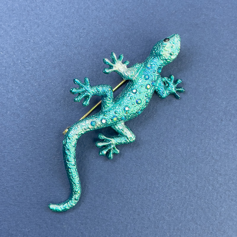 Brooch Lizard blue color with rainbow rhinestones 29x74mm+