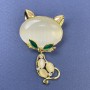 Brooch Cat with White Cat's Eye Stone and White Crystals Gold-tone Metal 34x58mm+