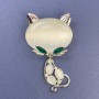 Brooch Cat White Cat's Eye with White Crystals Silver Metal 34x58mm+