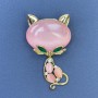 Brooch Cat with Pink Cat's Eye Stone, White Crystals, Golden Metal 34x58mm+