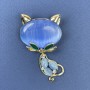 Brooch Cat blue Cat's Eye white crystals golden metal 34x58mm+