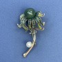 Brooch Flower with Pearl and Green Rhinestones Green Center Golden Metal 30x56mm+