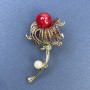 Brooch Flower with Pearl and Red Rhinestones Red Center Gold-tone Metal 30x56mm+