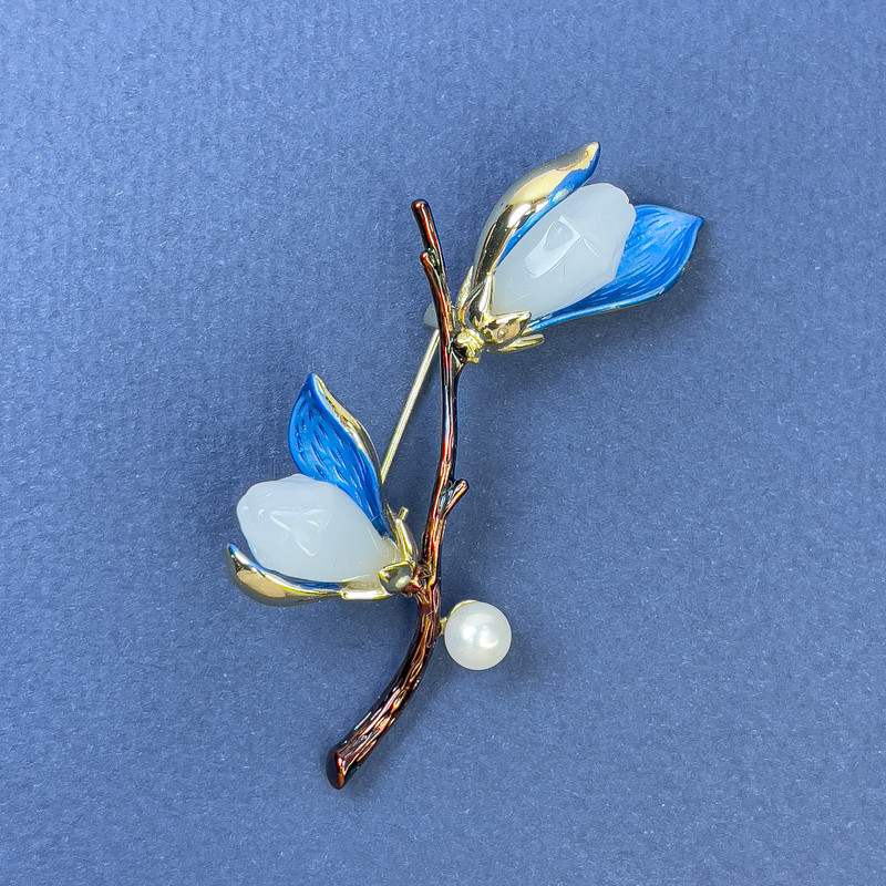 Brooch Branch with Flower and Pearl - blue and brown with golden metal 48x59mm+
