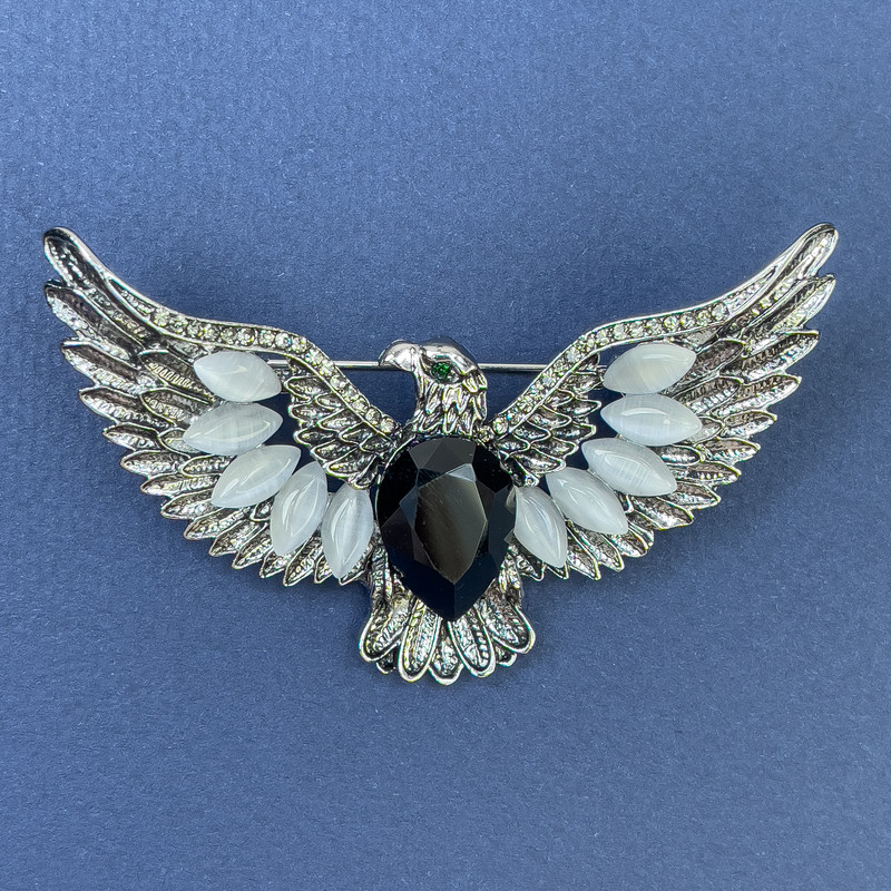 Brooch Pendant Eagle with Cat's Eye and Black Crystal, Silver-tone Metal 44x73mm+