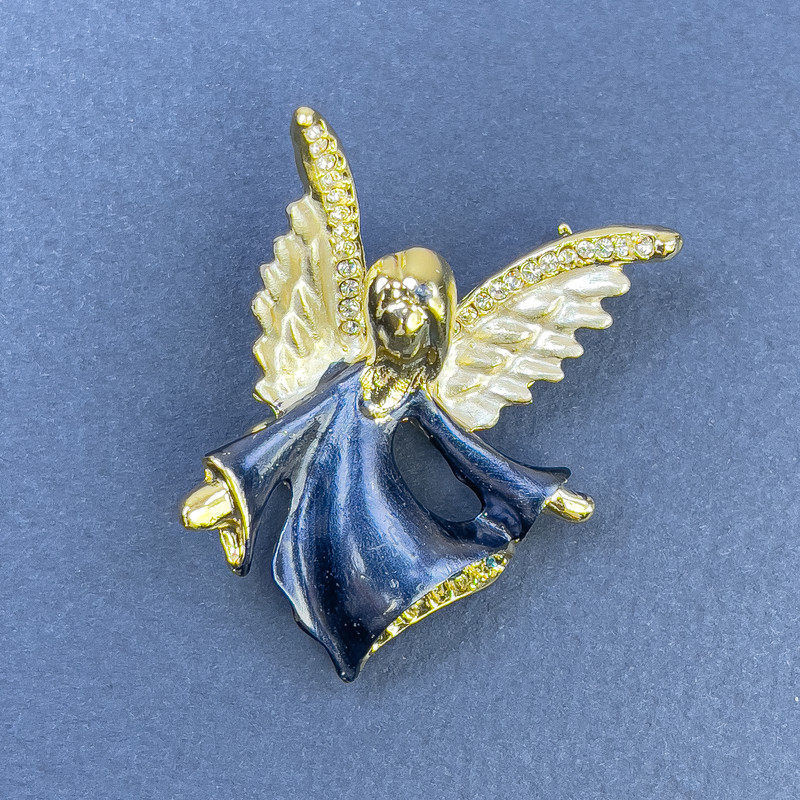 Brooch Angel with White and Blue Rhinestones Blue and White Color Gold-tone Metal 31x43mm+