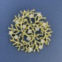 Brooch pendant twig with white flowers and white crystals, golden metal, diameter 60mm+