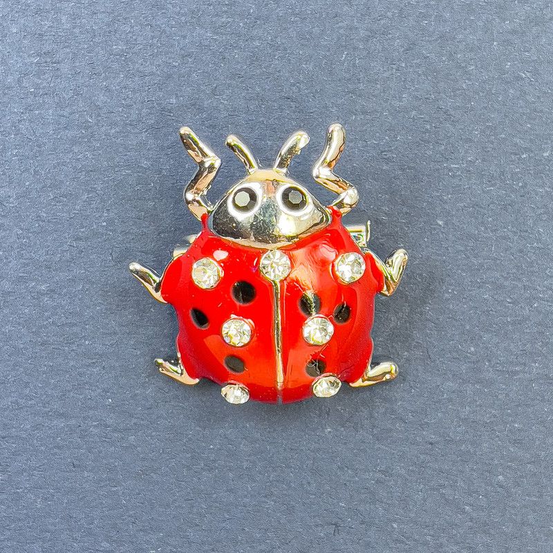 Brooch Ladybug with White Crystals Red and Silver Metal, 22mm± diameter, 23mm± length