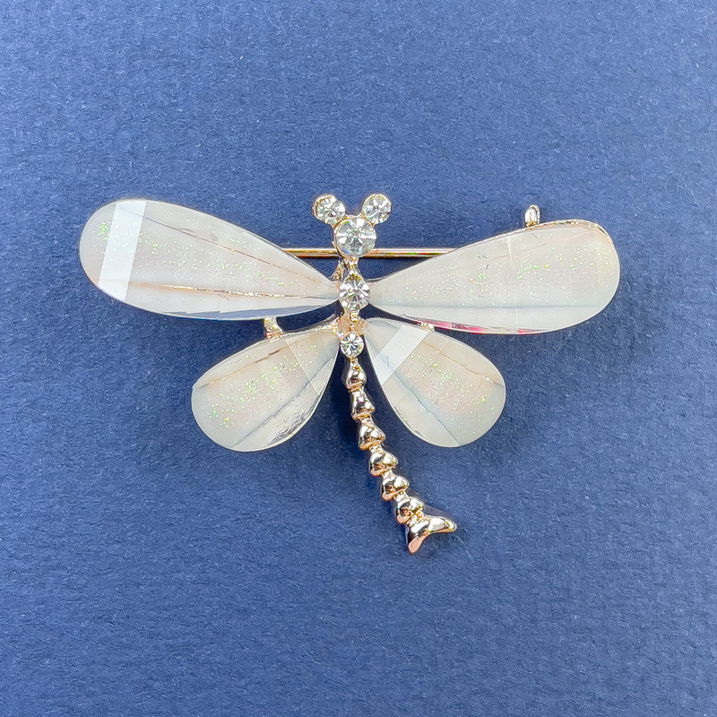 Brooch Butterfly with white rhinestones, light pink accents, golden metal, diameter 40mm+, length 30mm+