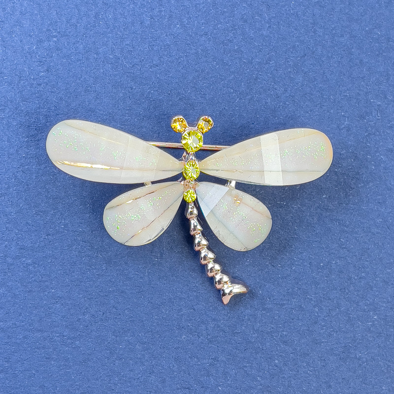 Brooch Butterfly with Yellow and White Crystals on Beige-Gold Metal, 40mm± diameter, 30mm± length